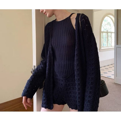 Spaghetti Strap Knit Camisole Top with High-Waisted Shorts and Pointelle Cardigan Set