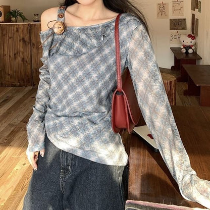 Asymmetrical Plaid Top with Long Sleeve Design