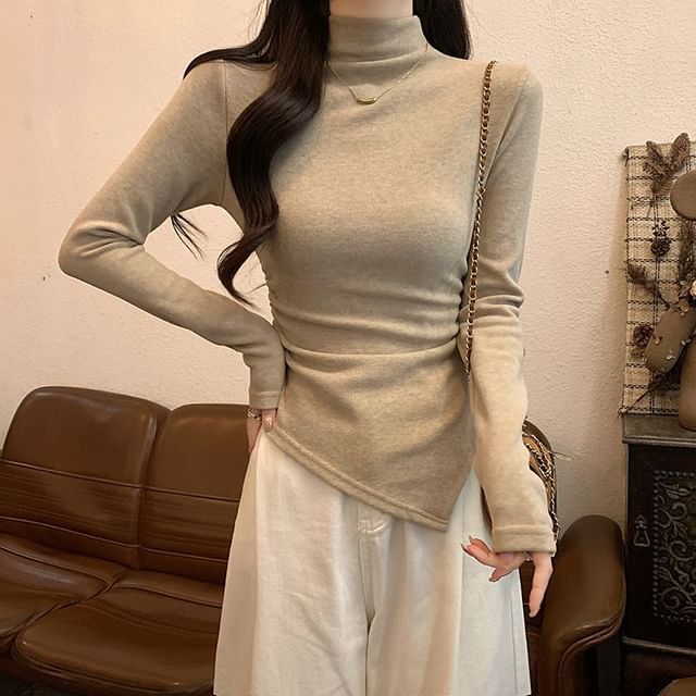 Asymmetric Slim-Fit Mock-Neck Long-Sleeved Tee