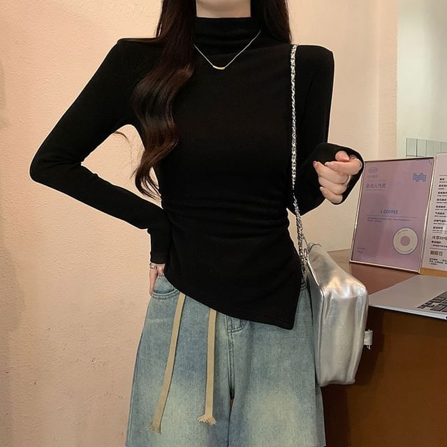 Asymmetric Slim-Fit Mock-Neck Long-Sleeved Tee