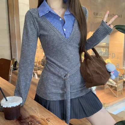 Plaid Panel Ribbed Slim-Fit Mock Two-Piece Collared Long-Sleeved Tee