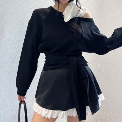 Boat-Neck Knotted Plain Pullover & Lace-Trimmed Mini Skirt
