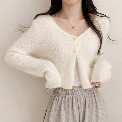 V-Neck Plain Cropped Knitted Cardigan