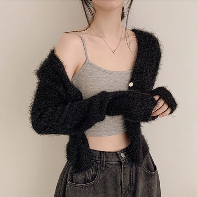 V-Neck Plain Cropped Knitted Cardigan