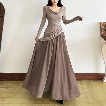 Long Sleeve Cowl Neck Color-Block Maxi A-Line Dress