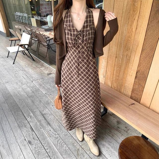 Plain Cropped Cardigan / Halter Plaid Maxi Sundress
