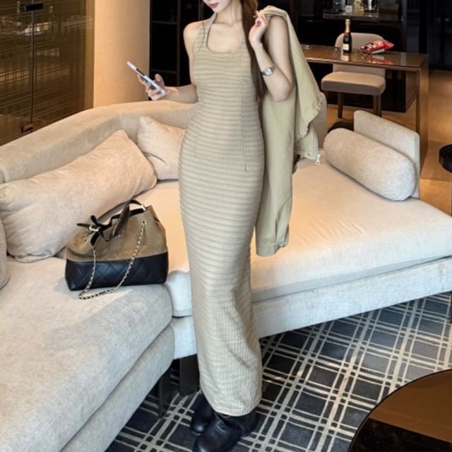 Stand Collar Plain Pocket Front Zip Jacket / Spaghetti Strap Striped Maxi Sheath Dress
