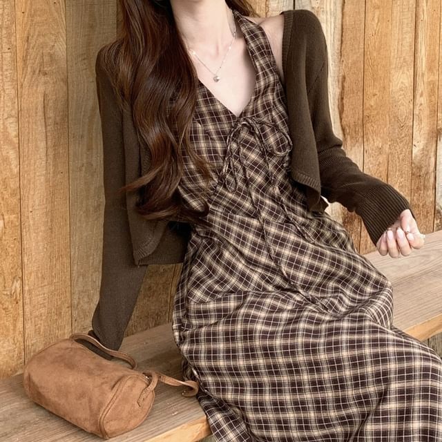 Plain Cropped Cardigan / Halter Plaid Maxi Sundress