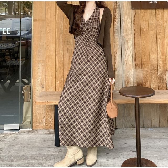 Plain Cropped Cardigan / Halter Plaid Maxi Sundress