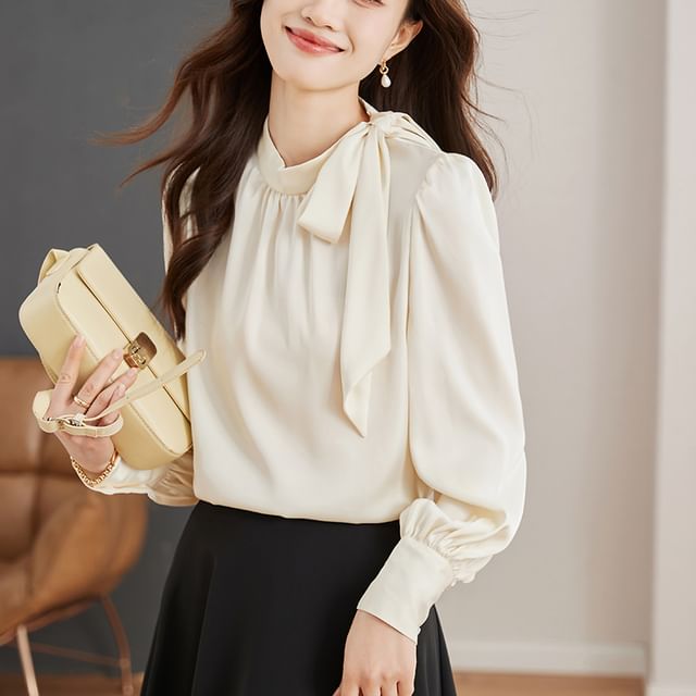 Plain Tie-Neck Long-Sleeved Blouse