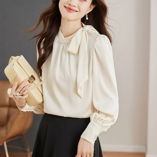 Plain Tie-Neck Long-Sleeved Blouse