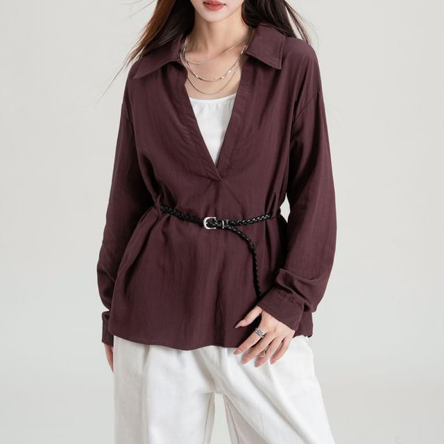 Plain V-Neck Collared Tie-Waist Long-Sleeved Blouse