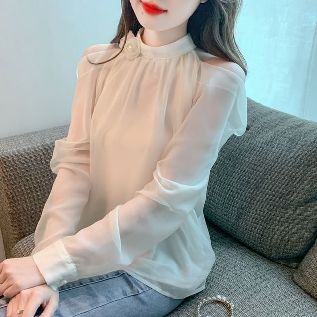 Plain Cold-Shoulder Long-Sleeved Blouse