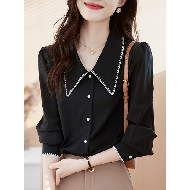 Contrast-Trim Button-Up Collared Long-Sleeved Shirt