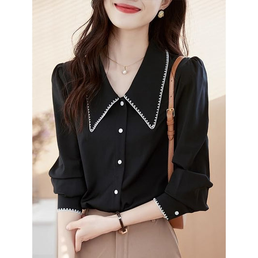 Contrast-Trim Button-Up Collared Long-Sleeved Shirt