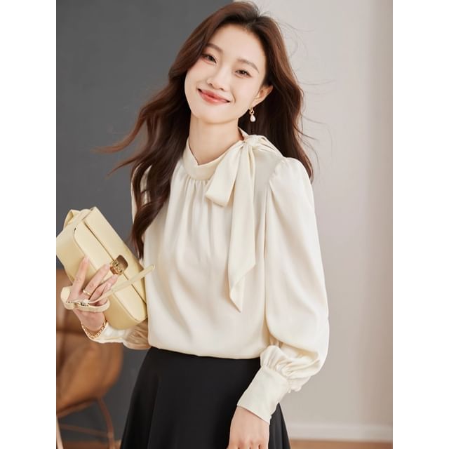 Plain Tie-Neck Long-Sleeved Blouse