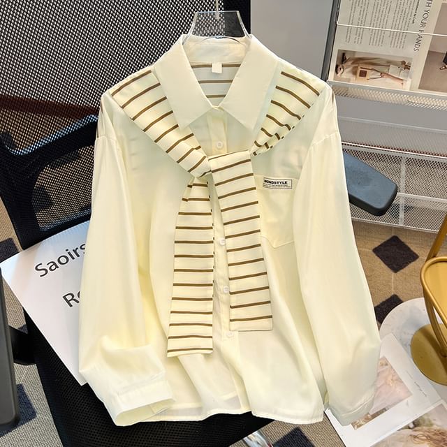 Striped Panel Collared Long-Sleeved Shirt