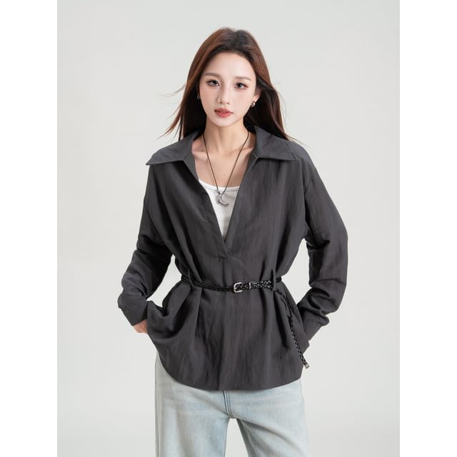 Plain V-Neck Collared Tie-Waist Long-Sleeved Blouse