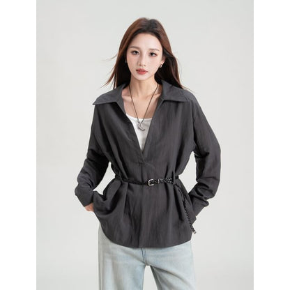 Plain V-Neck Collared Tie-Waist Long-Sleeved Blouse