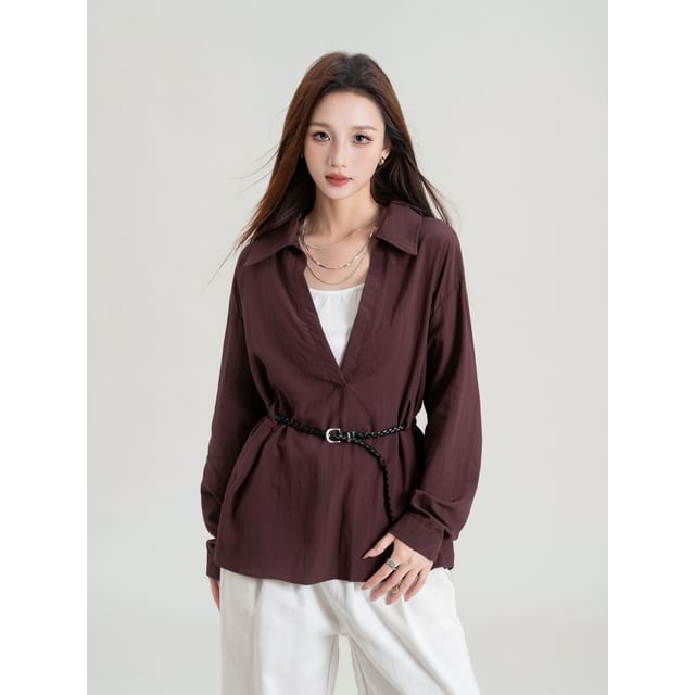Plain V-Neck Collared Tie-Waist Long-Sleeved Blouse