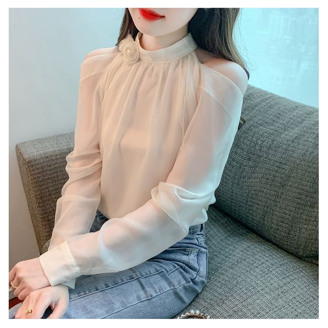 Plain Cold-Shoulder Long-Sleeved Blouse
