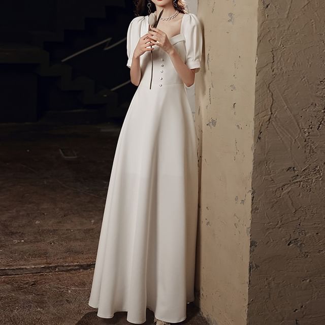 Short-Sleeve / Sleeveless Plain Maxi A-Line Wedding Dress