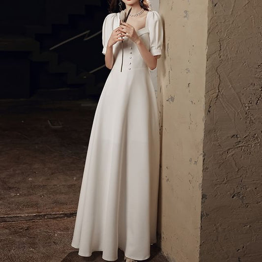 Short-Sleeve / Sleeveless Plain Maxi A-Line Wedding Dress