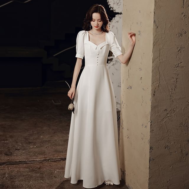 Short-Sleeve / Sleeveless Plain Maxi A-Line Wedding Dress