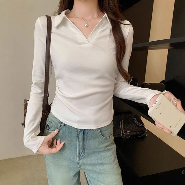 Plain V-Neck Slim-Fit Long-Sleeved Polo Shirt