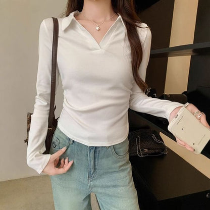 Plain V-Neck Slim-Fit Long-Sleeved Polo Shirt
