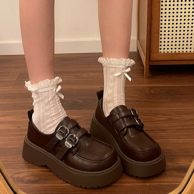 Faux Leather Platform Buckled Strap Loafers