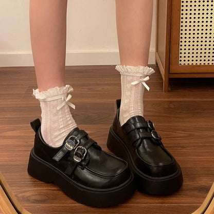Faux Leather Platform Buckled Strap Loafers