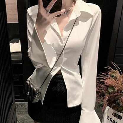 Plain Button-Up Collared Slim-Fit Long-Sleeved Blouse