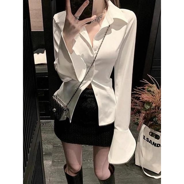 Plain Button-Up Collared Slim-Fit Long-Sleeved Blouse