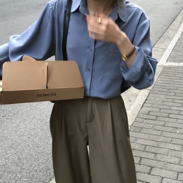 Plain Collared Long-Sleeved Shirt