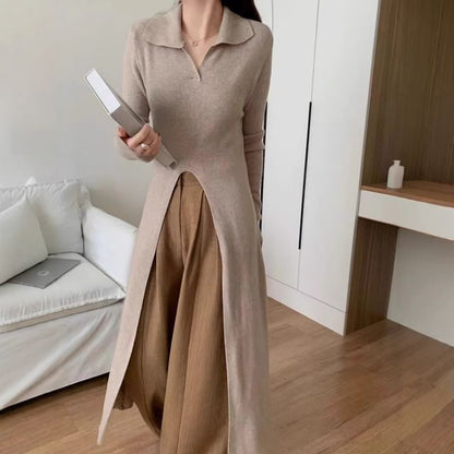 Long-Sleeve Slit Hem Plain Knit Maxi A-Line Dress