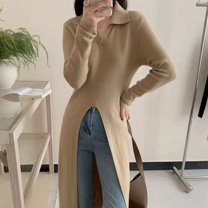 Long-Sleeve Slit Hem Plain Knit Maxi A-Line Dress