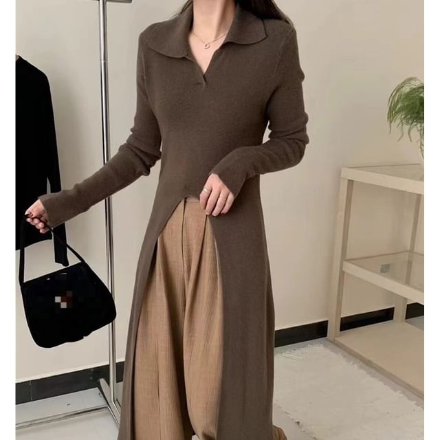 Long-Sleeve Slit Hem Plain Knit Maxi A-Line Dress