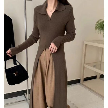 Long-Sleeve Slit Hem Plain Knit Maxi A-Line Dress