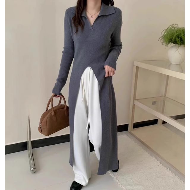Long-Sleeve Slit Hem Plain Knit Maxi A-Line Dress
