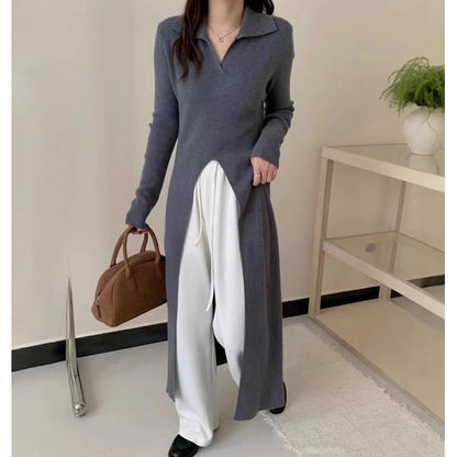 Long-Sleeve Slit Hem Plain Knit Maxi A-Line Dress