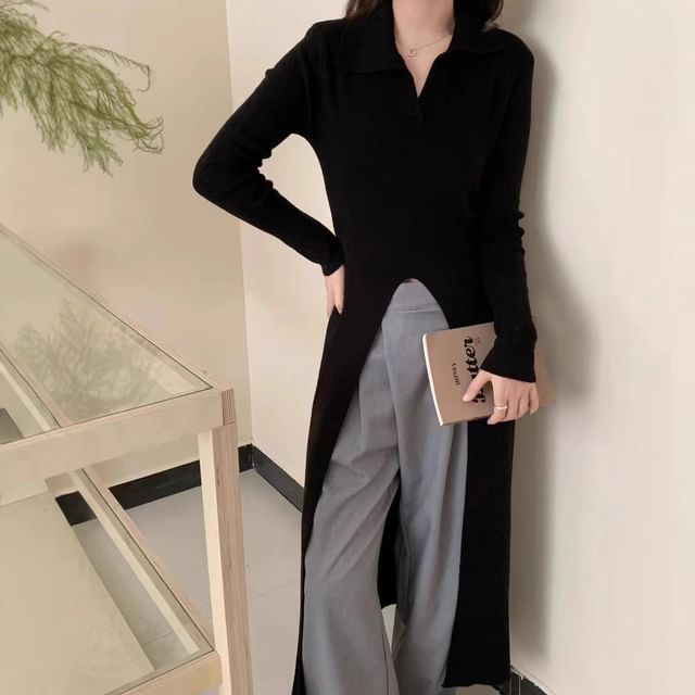 Long-Sleeve Slit Hem Plain Knit Maxi A-Line Dress