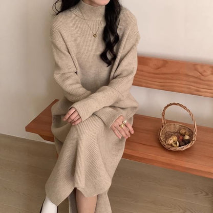 Mock Neck Plain Maxi Sweater Dress