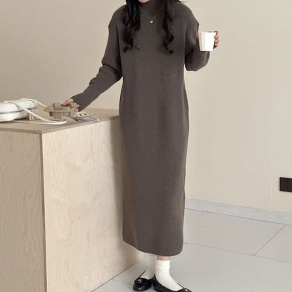 Mock Neck Plain Maxi Sweater Dress
