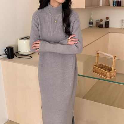Mock Neck Plain Maxi Sweater Dress