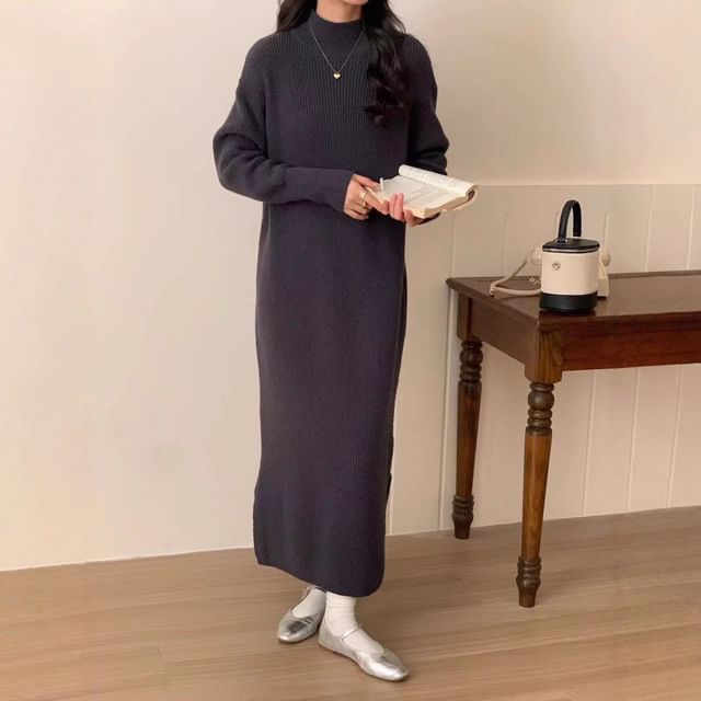 Mock Neck Plain Maxi Sweater Dress