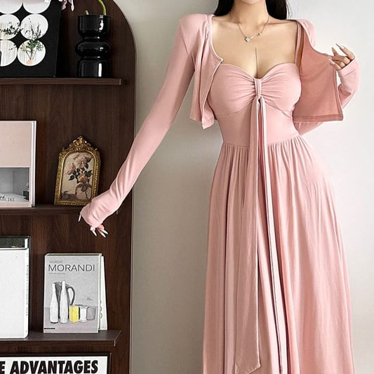 Spaghetti Strap Plain Ruched Maxi A-Line Dress / Open Front Crop Cardigan