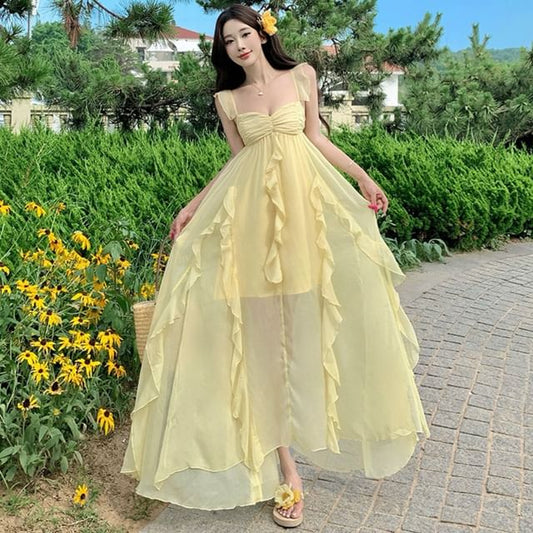 Spaghetti Strap Plain Ruffle Maxi Sundress