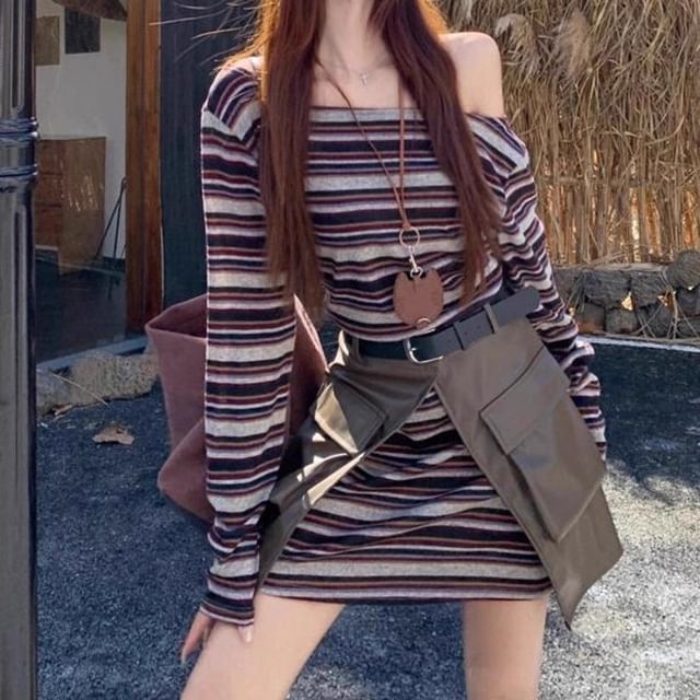 Off-Shoulder Striped Mini Dress with Faux Leather Skirt and Belt Set