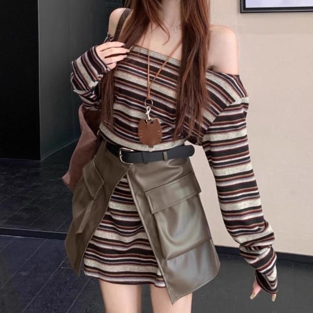Off-Shoulder Striped Mini Dress with Faux Leather Skirt and Belt Set